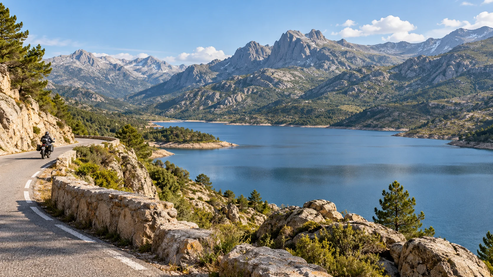 Illustration générée d'une route bordant un lac de montagne, évoquant le secteur du Niolu