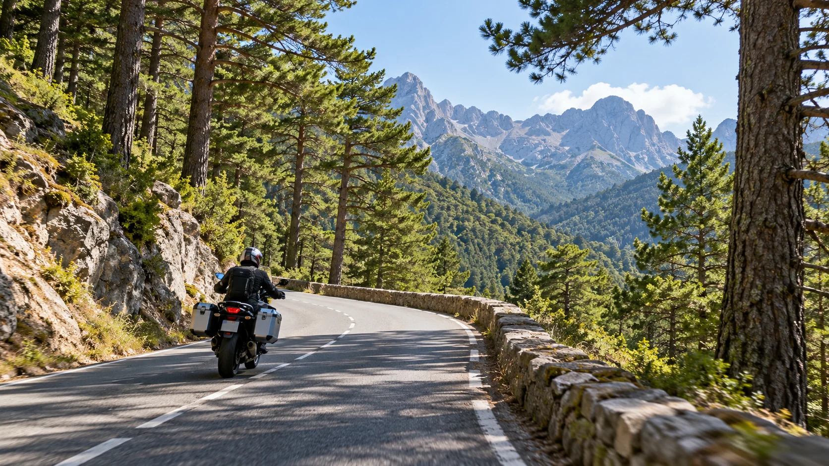 Illustration générée d'une route de montagne traversant une forêt de pins, ambiance de Vizzavona