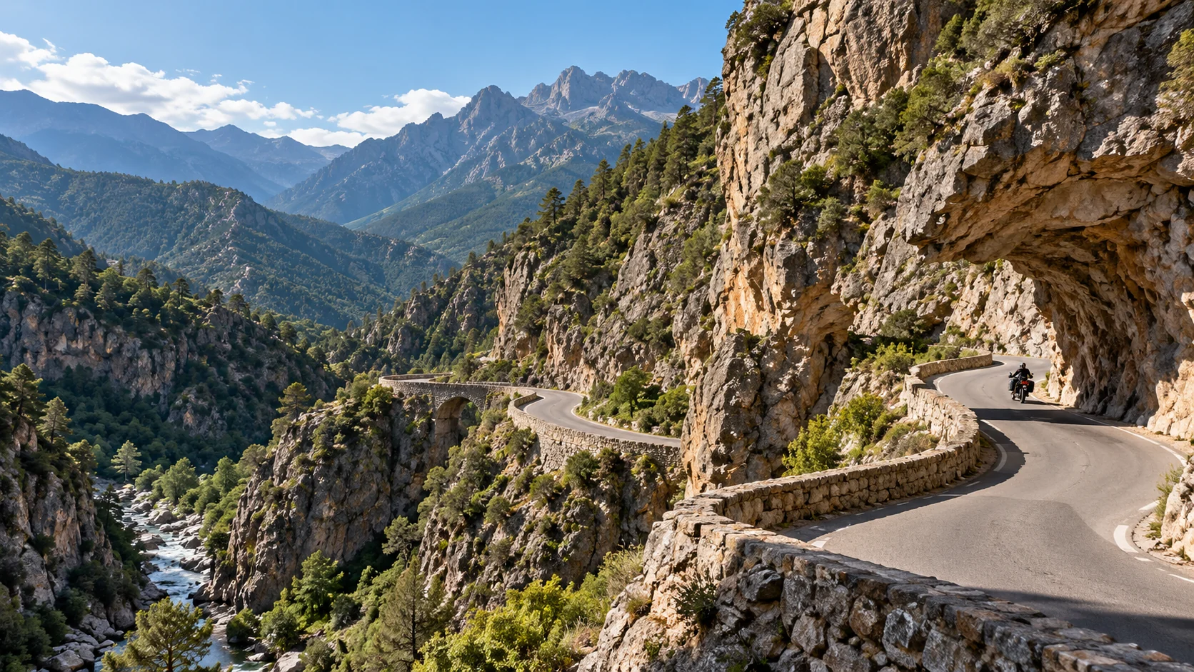 Illustration générée d'une route sinueuse au pied de falaises, ambiance de la Scala di Santa Regina