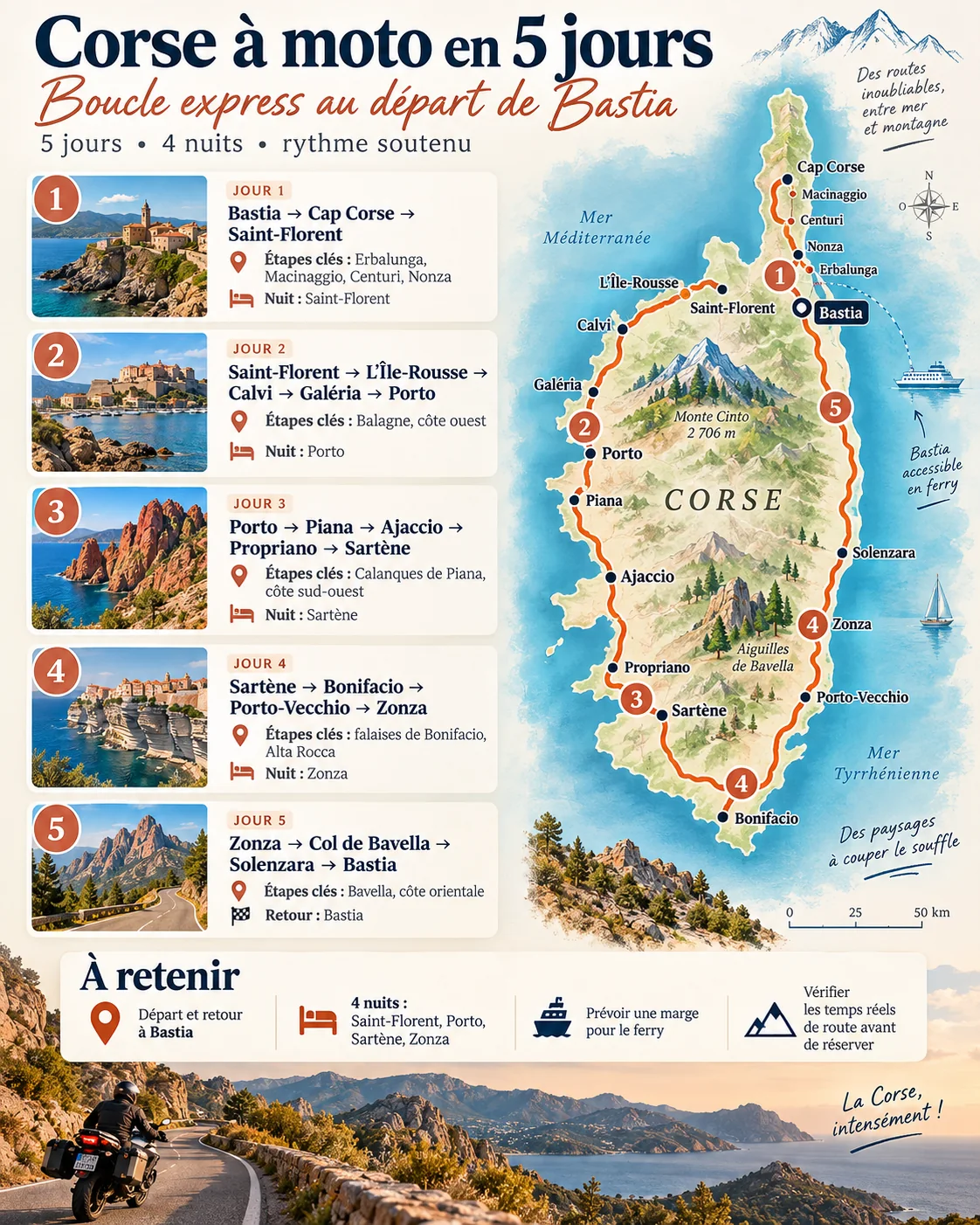 Infographie du circuit moto de 5 jours en Corse, boucle de Bastia à Bastia par le Cap Corse, Porto, Sartène, Zonza et Bavella