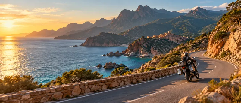 Route côtière sinueuse en Corse parcourue à moto au coucher du soleil