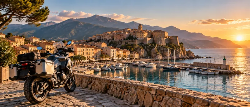 Moto de voyage garée devant un port corse au coucher du soleil