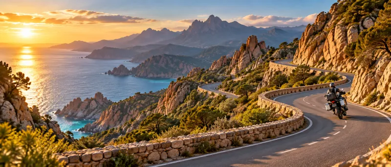 Route de montagne sinueuse en Corse avec un motard au coucher du soleil