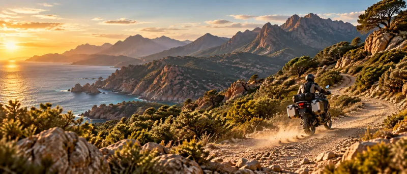Trail à moto sur une piste de montagne en Corse au coucher du soleil