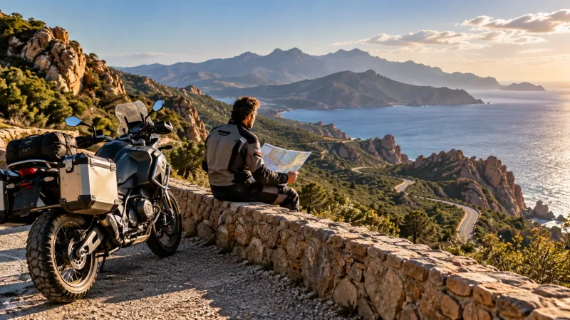 Motard préparant son itinéraire face aux routes et montagnes corses