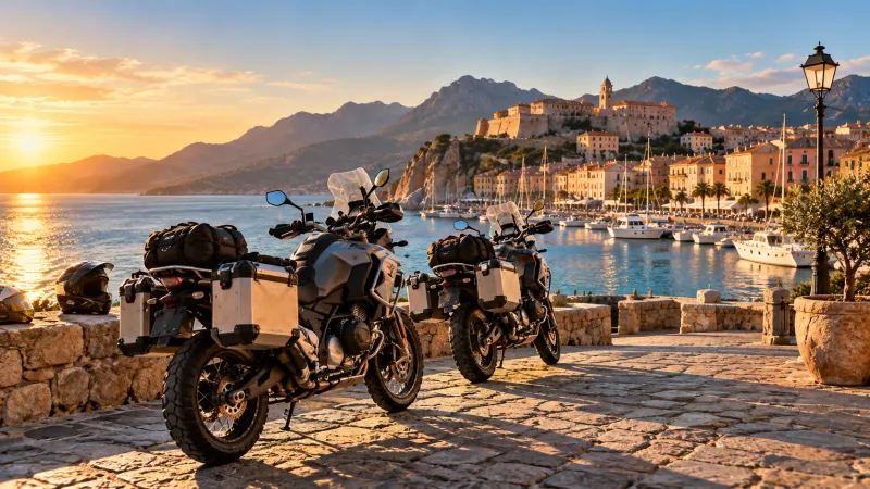 Motos de voyage prêtes au départ dans un port corse
