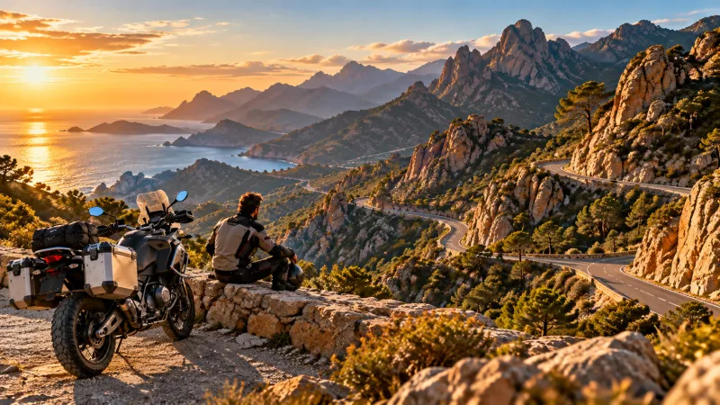 Motard observant une route de montagne corse depuis un point de vue panoramique