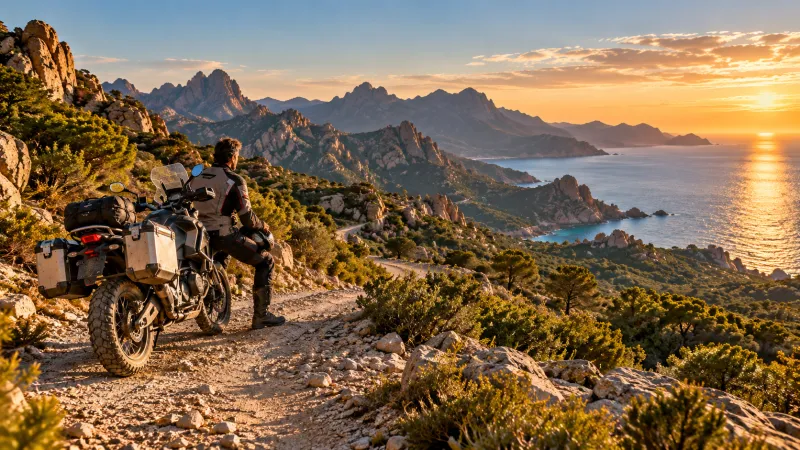 Motard en trail arrêté sur une piste de montagne en Corse