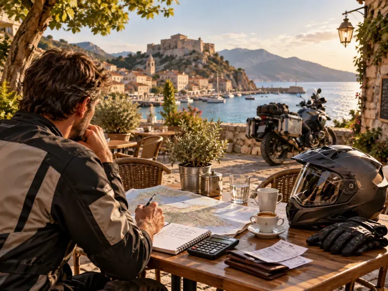 Motard organisant ses étapes et son budget autour d'une carte en Corse