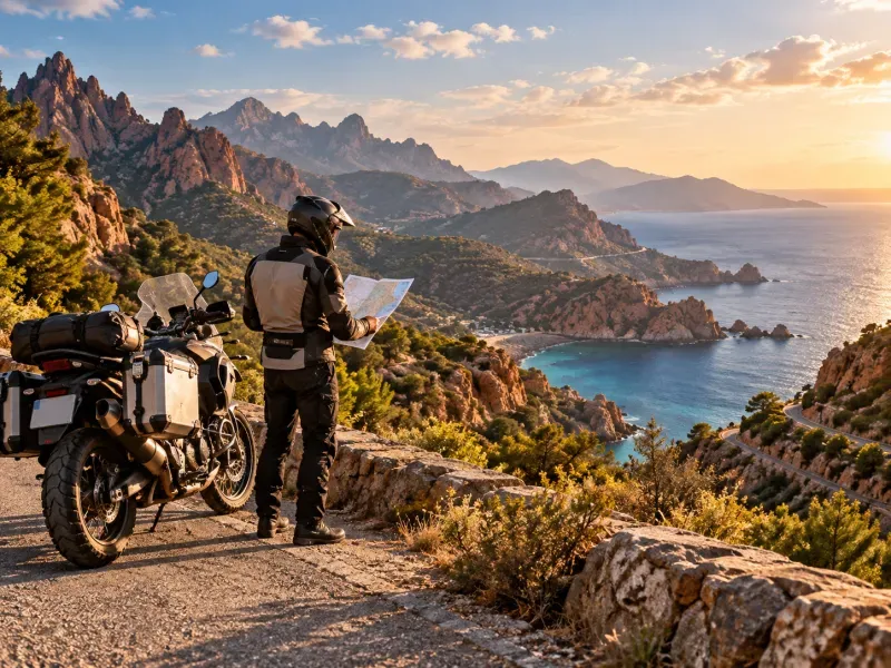Motard préparant son itinéraire face aux montagnes et à la côte corse