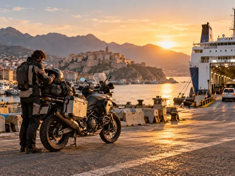 Motard préparant son départ en ferry pour la Corse