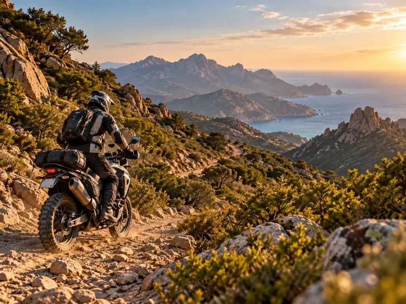 Motard en trail sur un sentier montagneux en Corse